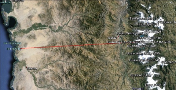 En línea roja, la distancia entre el Huandoy Oeste y el Pacífico